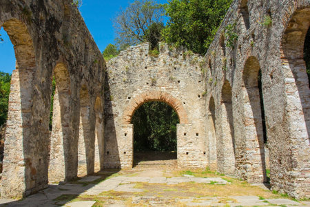 The early 6th century Byzantine Great Basilica in Butrint Archaeological Park, within Butrint National Park, southern Albania. A UNESCO World Heritage Site. Characterised by a central nave with side aisles separated by colonnades, a tripartite transept and a pentagonal apse which was hemispherical on its interior faceの写真素材