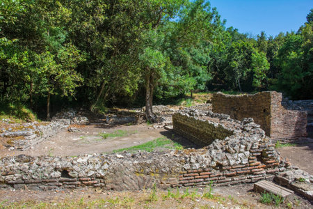 The 2nd century Gymnasium Complex in Butrint Archaeological Park, within Butrint National Park, southern Albania. A UNESCO World Heritage Site. Also called the Palaestra, it was likely a place for athletic training and social gatherings. It has a rectangular courtyard surrounded by porticos, typical of urban Roman gymnasiumsの写真素材