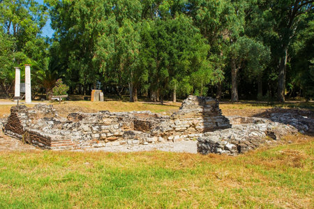 A Roman public bathhouse in Butrint Archaeological Park, within Butrint National Park, southern Albania. A UNESCO World Heritage Site. Located next to Venetian Tower, it features characteristic bathing rooms with remnants of a hypocaust system.の写真素材