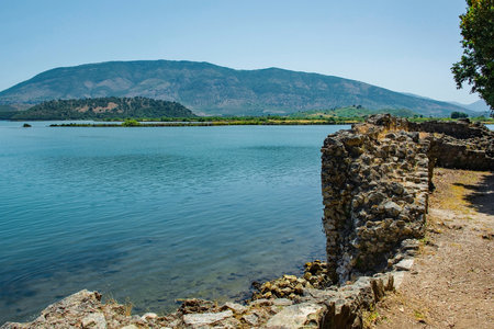 Late-antique and medieval walls on the shore of Lake Butrint in Butrint Archaeological Park, within Butrint National Park, southern Albania. A UNESCO World Heritage Siteの写真素材