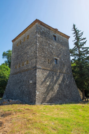 The 15th century Venetian Tower in Butrint Archaeological Park, within Butrint National Park, southern Albania. A UNESCO World Heritage Site. Also called Kulla Venciane, it guarded the Vivari Channel along with the triangular fortressの写真素材