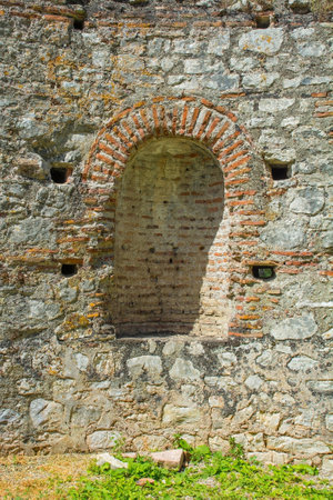 The remains of the 5th century Triconch Palace in Butrint Archaeological Park, within Butrint National Park, southern Albania. A UNESCO World Heritage Site. A late-Roman luxurious domestic complex built round peristyle courtyard. It was expanded during the Byzantine period, so has many Byzantine architectural featuresの写真素材