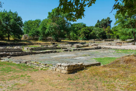 The remains of the 5th century Triconch Palace in Butrint Archaeological Park, within Butrint National Park, southern Albania. A UNESCO World Heritage Site. A late-Roman luxurious domestic complex built round peristyle courtyard. It was expanded during the Byzantine period, so has many Byzantine architectural featuresの写真素材