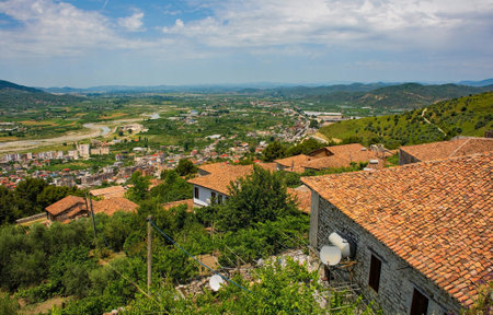 A view of the Gorica quarter of Berat in Albania taken from Berat Castle. Berat is UNESCO listed and is known as City of a Thousand Windowsの写真素材
