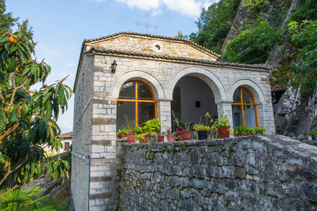 The Orthodox Church of Saint Thomas in Berat, Albania. Dating from the 18th century, it was destroyed during communist regime then rebuilt in the late 1990s. Berat is UNESCO listed and is known as City of a Thousand Windows. Kisha e ShÃ«n Thomait in Albanianの写真素材
