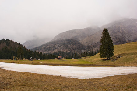 The early spring landscape around the Alpine village of Cima Sappada in Carnia, Udine Province, Friuli-Venezia Giulia, north east Italyの写真素材