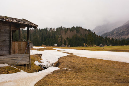 The early spring landscape around the Alpine village of Cima Sappada in Carnia, Udine Province, Friuli-Venezia Giulia, north east Italyの写真素材