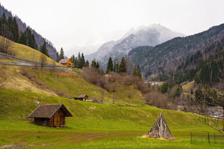 The early spring landscape around the village of Forni Avoltri in Val Degano valley in Carnia, Udine Province, Friuli-Venezia Giulia, north east Italyの写真素材