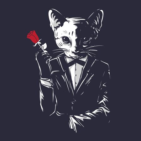 Mafia Cat Character using cool suits and hold on a rose flowerのイラスト素材