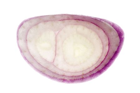 Closeup of a slice of shallot isolated on white backgroundの写真素材