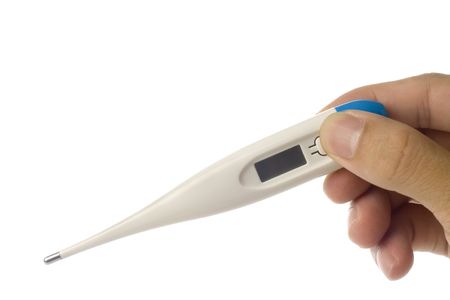 Hand holding a digital thermometer isolated on white background