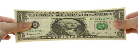 Hands stretching a US dollar note isolated on white background