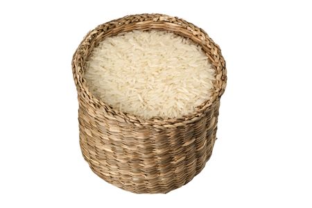 Basket of rice isolated on white backgroundの写真素材