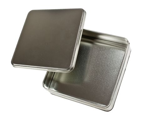Square metal container with lid isolated on white backgroundの写真素材