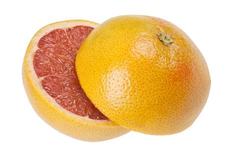 Two halves of grapefruit isolated on white backgroundの写真素材