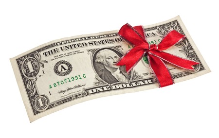One US dollar bill wrapped by ribbon isolated on white backgroundの写真素材