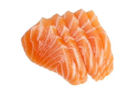 Slices of raw salmon used in sashimi isolated on white backgroundの写真素材