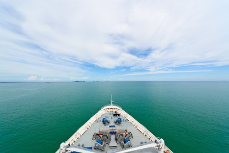 Cruise ship in open sea showing the bow, sea and skyの写真素材