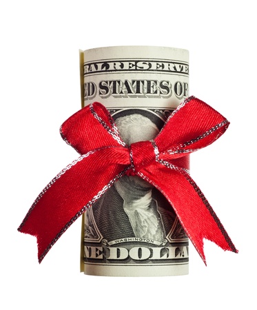 One US dollar wrapped by ribbon isolated on white backgroundの写真素材