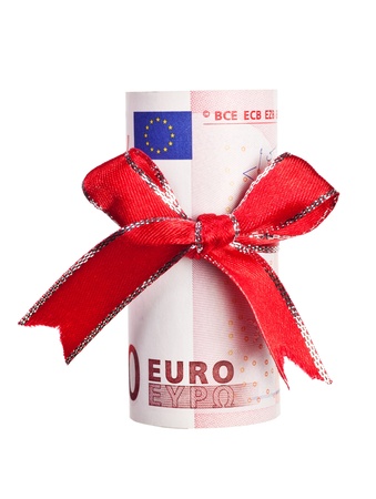 Ten Euros wrapped by ribbon isolated on white backgroundの写真素材