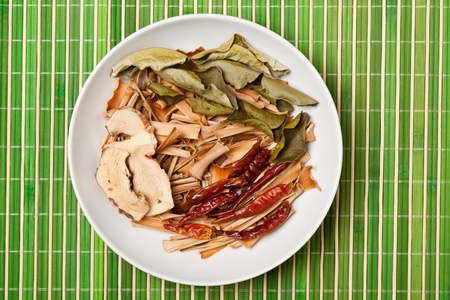 Dried spices used for Tom Yum soup, a hot and sour soup commonly found in Thailandの写真素材