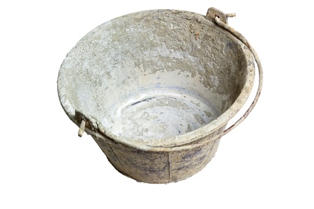 Grungy bucket used for construction isolated on white backgroundの写真素材