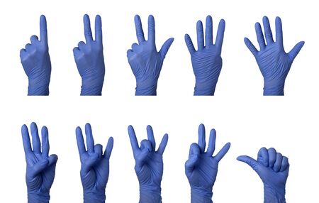 Hand in surgical glove counting one to ten in American Sign Language isolated on white backgroundの写真素材