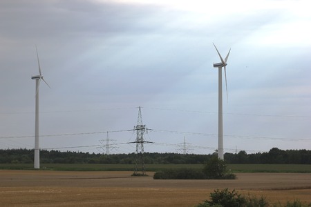  High voltage power lines and wind power stations in Mecklenburg-Vorpommern, Germany.