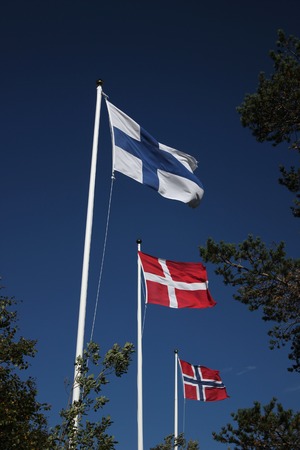 Flags of Finland, Denmark and Norway blowing in the wind on dark blue sky.の写真素材