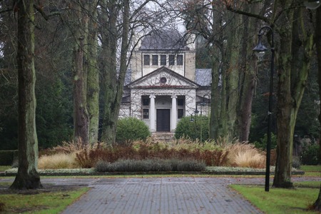 Alley in the new cemetary in Greifswald, Mecklenburg-Vorpommern, Germany, leading to central place and chapel.のeditorial素材