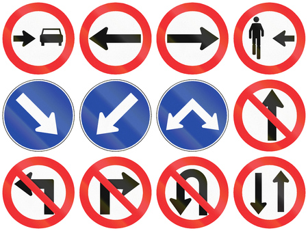 Collection of Chilean signs specifying or prohibiting driving directions.の写真素材