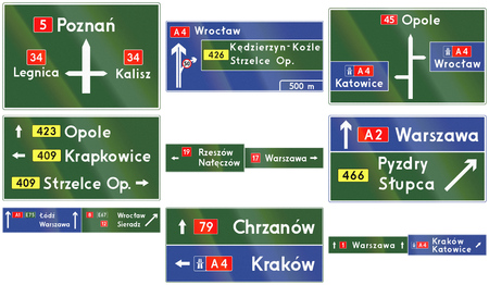 Collection of different types of direction signs on highways in Poland.