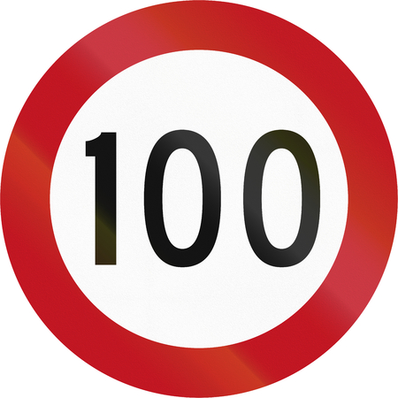 New Zealand road sign RG-2 - 100 kmh limit. This is the maximum legal speed for motor vehicles in New Zealand.の写真素材