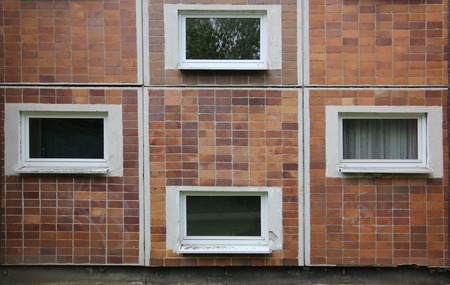 Facade of an East German Plattenbau building.の写真素材
