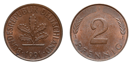 Two Pfennig coin formerly used in Germany.