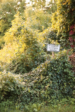 Sign in an overgrown place in Germany. It says Private property, no trespassing.の写真素材