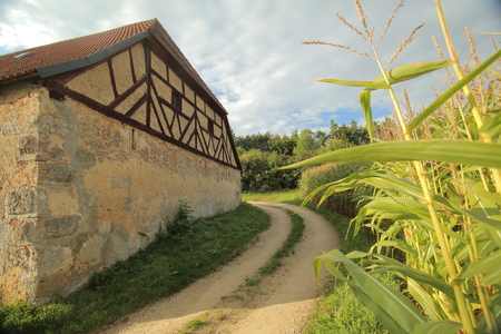 Historic half timbered barn in Pfaffenhofen, Upper Palatinate, Germany.のeditorial素材