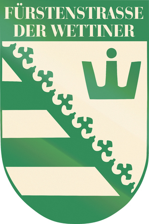 German information road sign about a scenic route on the House of Wettin.の写真素材