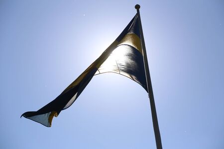 Swedish flag flying in the wind backlit by the sun.