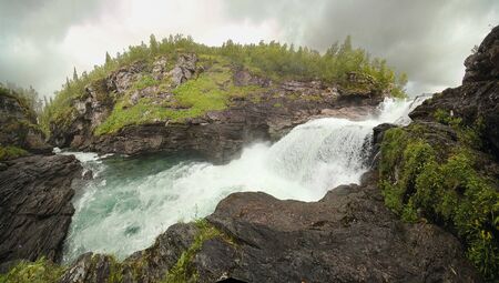 Wide angle panorama of Gaustafallet waterfall in Jamtland, Sweden.の写真素材