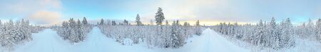 Bright 360 degree panorama of intersection with snow cover in Vasterbotte.
