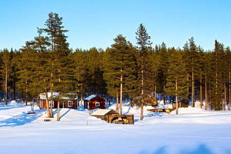Rural houses at Mala River in Swedish Lapland.の写真素材