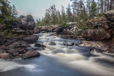 Long exposure shot of rapids in Muddus National Park in Sweden.の写真素材