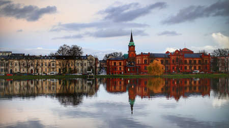 View on the beautiful historic city of Schwerin in dusk.の写真素材