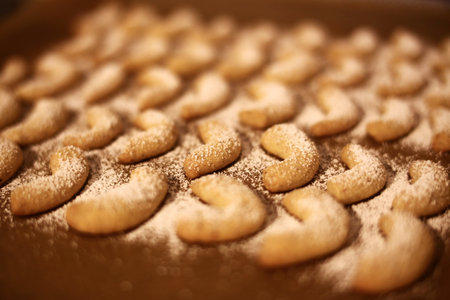 Baking plate with traditional German vanilla kipferl (vanilla-flavored crescent cookies).の写真素材
