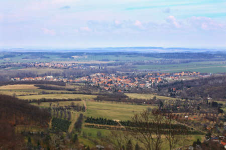 Rural landscape in Saxony-Anhalt, Germany, with the town Neinstedt, fields and meadows.の写真素材