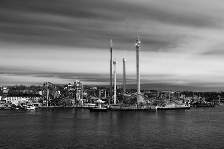 Black and white view on the amusement park Grona Lund in Stockholm, Sweden.のeditorial素材