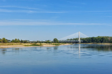 Modern suspension bridge over the river Elbe in Schoenebeck, Saxony-Anhalt, Germany.の写真素材