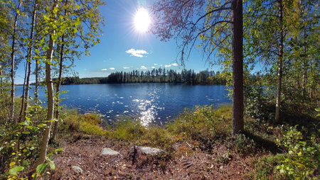 Idyllic lakeside and sunshine in northern Sweden.の写真素材