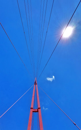 Upward shot from modern suspension bridge with sun and blue sky.